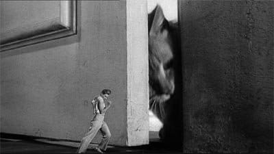 A striking contrast portrays the hero's dilemma in "The Incredible Shrinking Man."