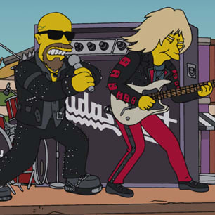 In this episode, A flatbed truck drives up with heavy metal legends Judas Priest on the back, who perform a parody of their classic track "Breaking the Law."
