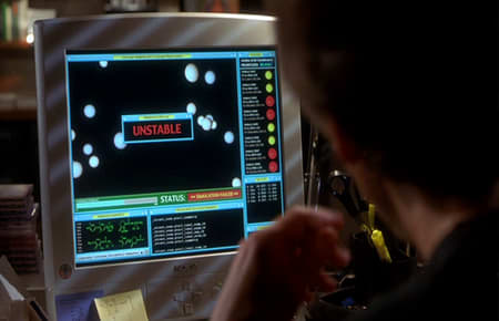 Courtesy of the movie "Hollow Man": Kevin Bacon checking out whether an atomic structure will be stable or not....the fake GUI of course giving a great big 'unstable' sign." To really drive the point home, Kevin Bacon sighs and clutches his head.