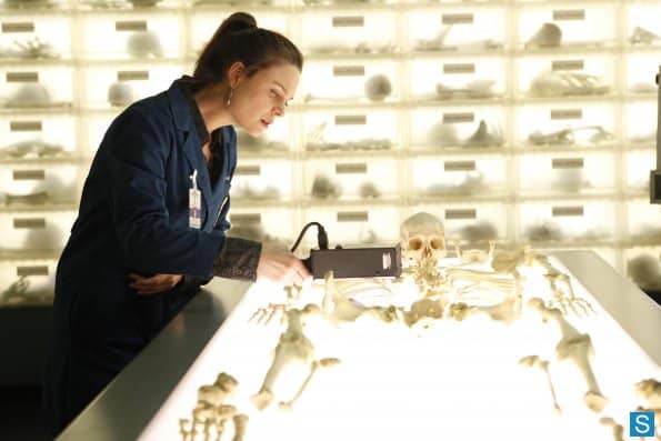 Brennan looks over the bones in the season five episode "The Part In The Sum Of The Whole.
