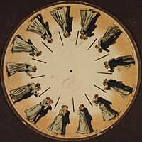 Eadweard Muybridge's Phenakistoscope: A Couple Waltzing; 1893. The spinning disk reflecting in a mirror shows the images moving.