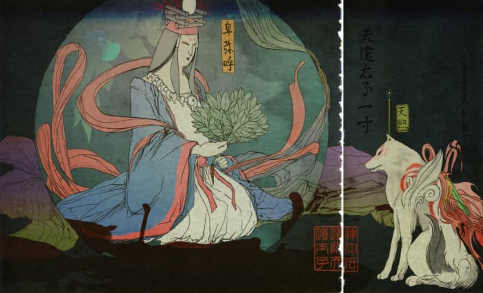 An artistic depiction of what Queen Himiko, the first known ruler of Japan may have looked like. Note the flowing garb, necklace, fan being used as a magical object/symbol of power, and an animal familiar. Features of the magical girl?