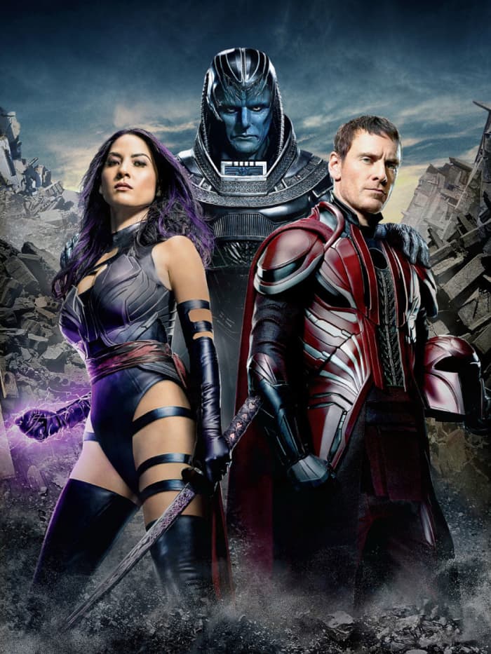 From left to right: Olivia Munn (as Psylocke), Oscar Isaac (as Apocalypse), and Michael Fassenbender (as Magneto). I can honestly say I am astounded by the amount of self-esteem to wear that outfit.