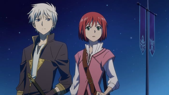 Zen and Shirayuki share a heartwarming moment under twilit skies.