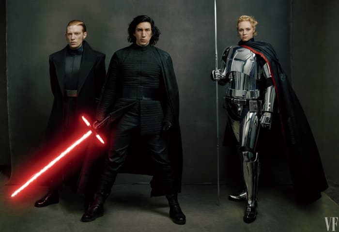 From left to right: General Hux (Domhnall Gleeson), Kylo Ren (Adam Driver), and Captain Phasma (Gwendoline Christie)