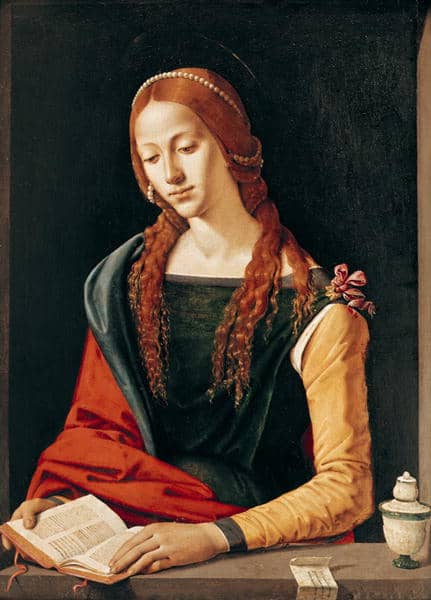 This painting by Piero di Cosimo, c. 1500-1510 is also intriguing because it portrays Mary Magdalene as intelligent and a scholar.