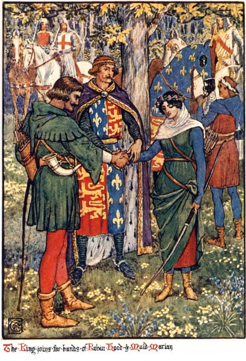 "The King joins the hands of Robin Hood and Maid Marian", from Henry Gilbert's novel Robin Hood and the Men of the Greenwood, originally published in 1912. The book was illustrated by Walter Crane
