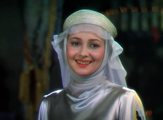 Olivia de Havilland in a screen capture from the film trailer for The Adventures of Robin Hood, 1938.