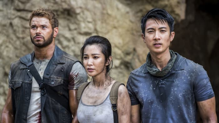 Kellan Lutz, Li Bingbing, and Wu Chun being dirty, shiny, and pretty after watching a giant queen spider's butt jostle with crawling baby spiders in "7 Guardians of the Tomb."