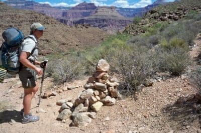 The cairn marking the intersection of South Bass and Tonto Trail east, which from here is 28 waterless miles to the Hermit Trail