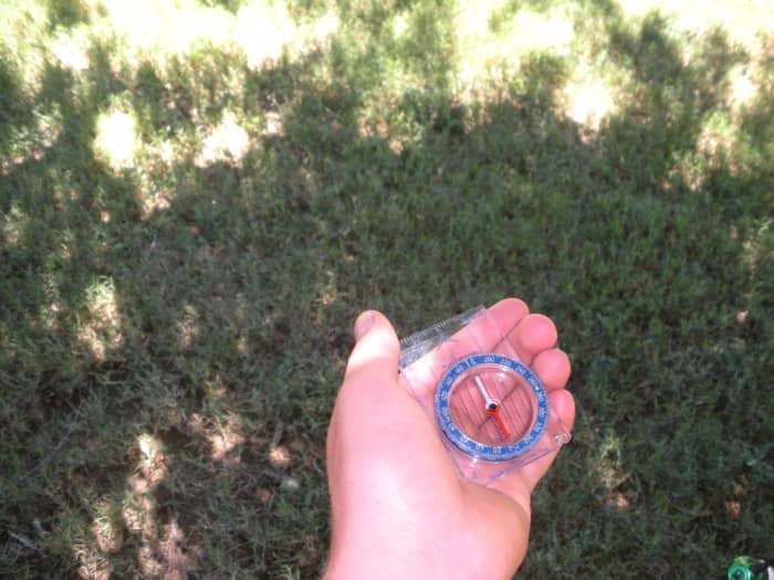 After walking his chosen number of steps, he stops, and re-sets a new bearing. 52 degrees + 120 degrees = new heading at 172 degrees.