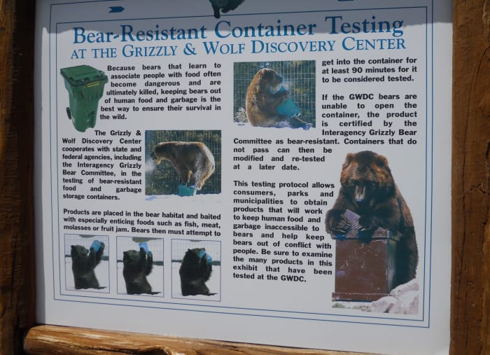 Bear-proof containers tested locally (click to enlarge). Grizzly Wolf and Discovery center located in West Yellowstone tests "bear-proof" containers.