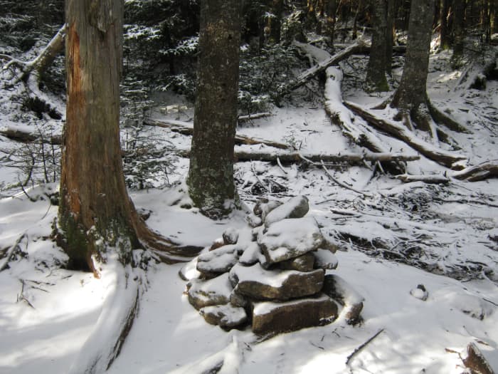 A large cairn marks the intersection in the col where the herd path meets the trail between Street and Nye.