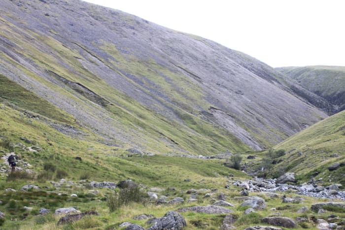 Travelling up through the Brown Tongue. Looking to the left at Lingmell Scars up towards Lingmell and Goat Crag on the path towards Hollowstones