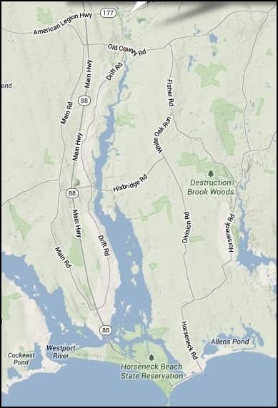 This is a picture of most of the Westport River. You can see the smaller West Branch near the bottom left-hand corner.