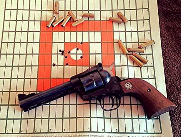 10 shot group fired at 50 yards off of sand bags. The load was 4gn of Unique under the 125gn HP cast bullet that I am very fond of.