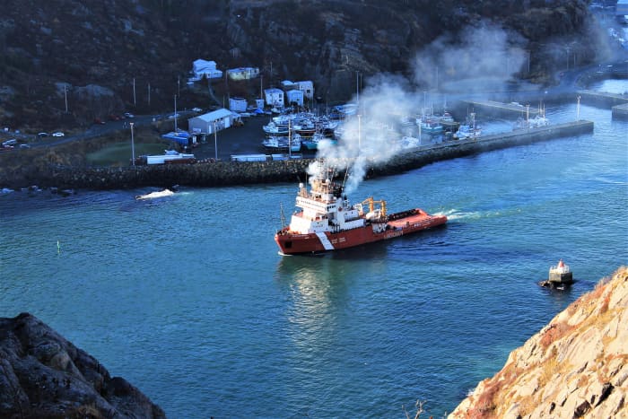 Looking Down From the Centre to Citadel Trail at a Coast Guard Vessel Passing Out Through the Narrows, St. John's Harbour.