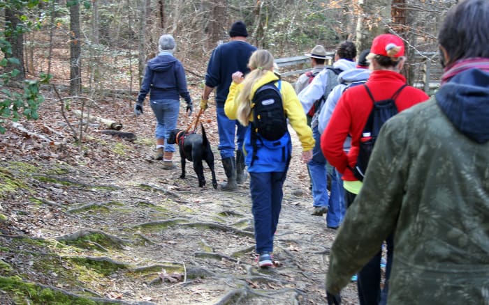 A group of hikers in St. Mary's County, MD, take "First Day" Hike at St. Mary's River State Park on New Year's Day 2017.