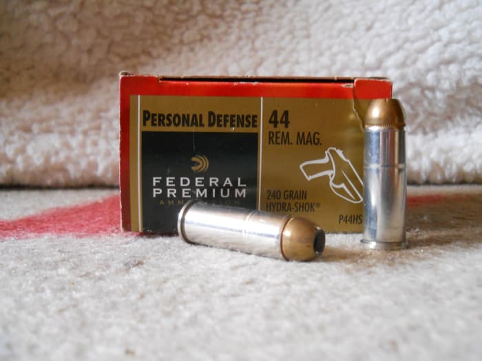 Federal 240 grain .44 Magnum Hydra-Shok. Despite a design intended for self-defense, heavy bullet weight may cause over penetration in humans. Recoil is still substantial.