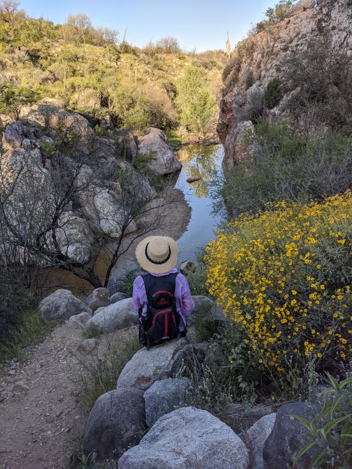 My wife enjoying the view of the Montrose Pools which we visited a second time to rest on the way back to our car.