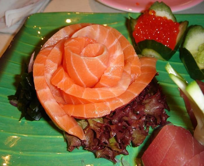 Salmon contains heart-healthy omega-3 fatty acids. This is salmon sashimi, which is made from raw fish.