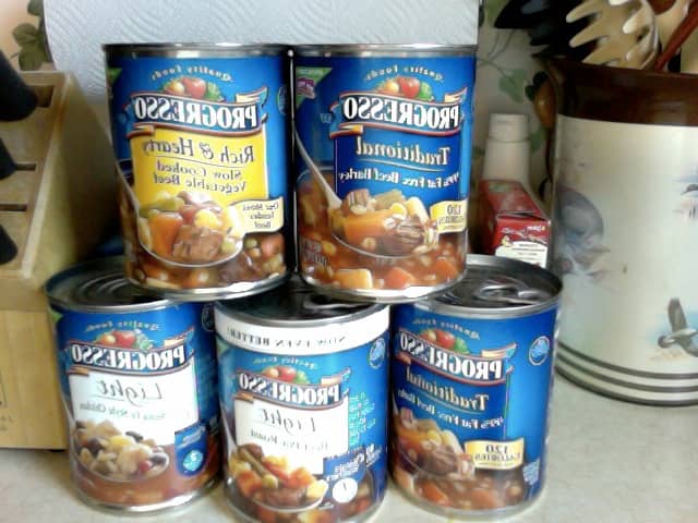 My stock of Progresso soups. These soups are very hearty, and still quite flavorful when blended.