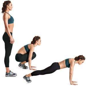 Squat Thrust: Also known as "bends and thrust". A classic military total-body conditioner targeting the legs while significantly enhancing muscular endurance.