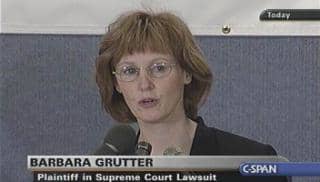 In 1997, Barbara Grutter, a white resident of Michigan, applied for admission to the University of Michigan Law School. Grutter applied with a 3.8 undergraduate GPA and an LSAT score of 161. She was denied admission. Photo credit: CSPAN