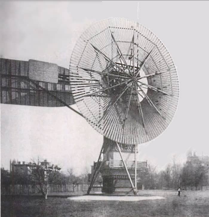 Wind power has been around in human life for a long time, wind-powered sails on boats being a classic example. It wasn't until the 19th century that it was used to create electricity, however. Pictured is Charles Brush's windmill of 1888.