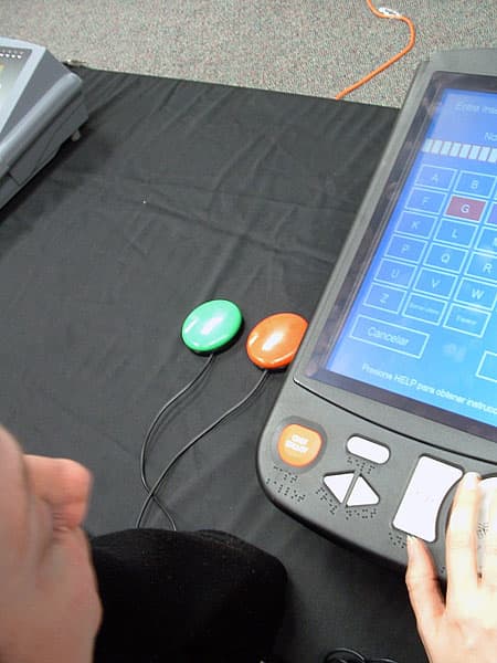 An accessible voting machine with "jelly buttons" which make the machine accessible for voters with manual dexterity disabilities. Image provided by Joseph Hall under Creative Commons Attribution-Share Alike 3.0 license.