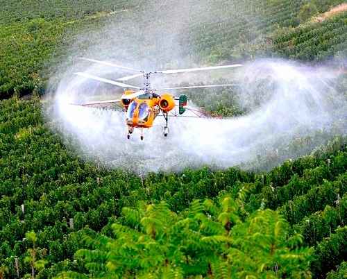 A helicopter dumping fluoride onto crops as a pesticide / insecticide / funcigide
