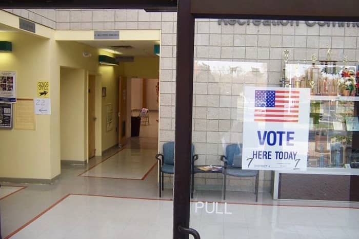 Polling place in New Jersey. Most polling places in the United States are located at schools, community centers, or churches.