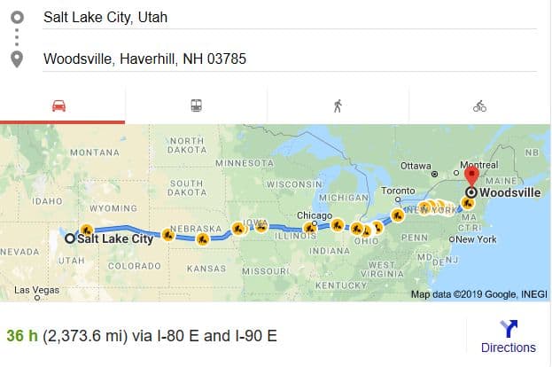 Here's the distance Keyes would have had to have travelled between February 6th and February 9th, 2004 in order to be in the same place as Maura Murray on the 9th.