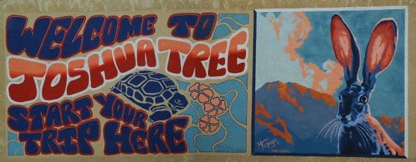 A new mural (March 2013) on Sunset, just north of 29 Palms Highway (Highway 62). Painted by the mother-daughter team of Echo Westover and Linda Shrader, of Larger than Life Murals, and featuring a jackrabbit portrait by local artist Marcia Geiger.