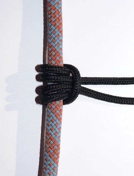 A Prusik Knot. This prusik is wrapped twice, which is okay for a personal load. A rescue load requires three wraps.