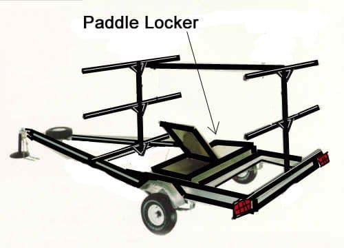 Build a wooden equipment locker about 6 inches deep and sized to fit inside the trailer frame. Bolt it low so it is below the bottom cross member.