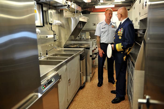 This galley aboard a Coast Guard Cutter is typical of those on a larger boat, while those on cruise ships can rival the huge kitchens of a 5-star land-based restaurant.