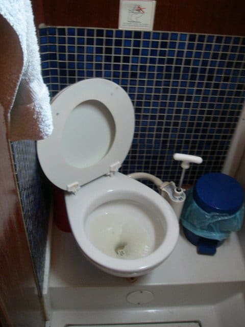 Typical Head setup on a smaller yacht or pleasure boat, with the shower and toilet using the same space.