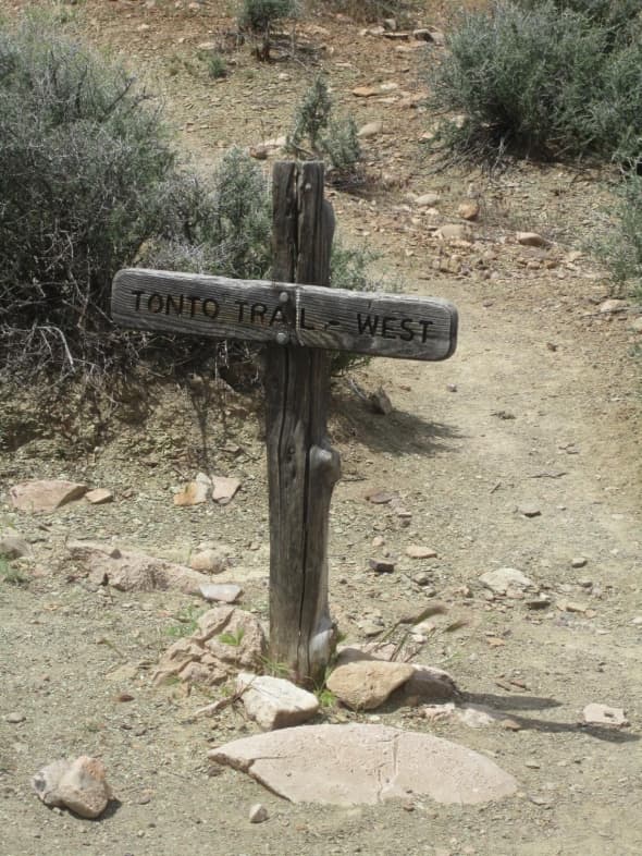 Tonto Trail West, Grand Canyon. This is the little sign you're looking for, on your left as you head down the trail on the Tonto Platform...