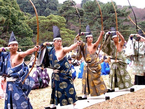 Japanese archers practice a ritual of Kyudo - an ancient form of archery which uses the philosophy of Zen to quiet the mind and balance the spirit.