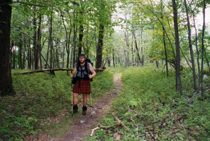 Heat rash is a problem for many thru hikers pushing out twenty-mile days under the hot sun. I made this kilt out of polyester microfiber that I bought in a craft store in Massachusetts. It took me about a week to sew in the pleats.