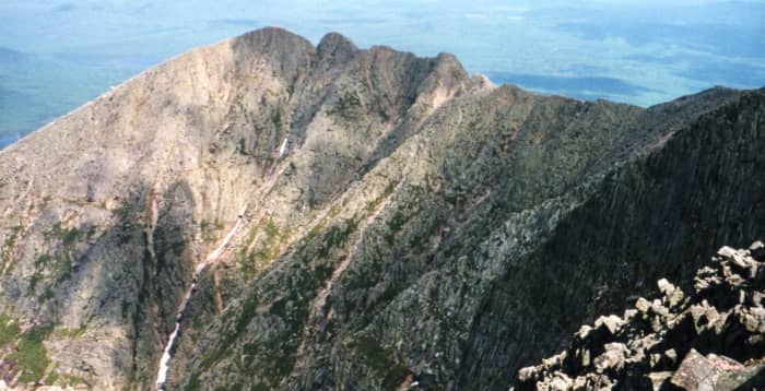 The 5,268' Mt Katahdin in Baxter State Park, Maine is the northern terminus of the Appalachian Trail and an imposing mountain.