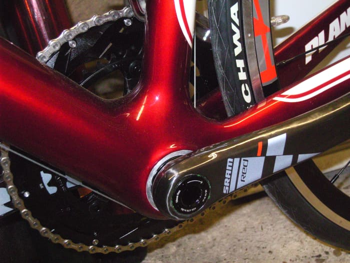 The chunky bottom bracket and downtube give great stiffness and is required to accommodate the BB30 bottom bracket on the Planet X RT-57