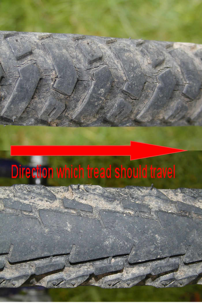 Usually the front tire turns in the direction the "vs" of the thread point, and vice versa for the rear, but roll direction is often embossed on the side wall of the tire.