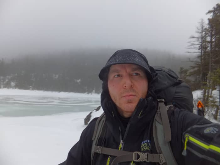 Here I am looking all pensive at Lake Arnold. Notice the raindrops beading on my jacket.