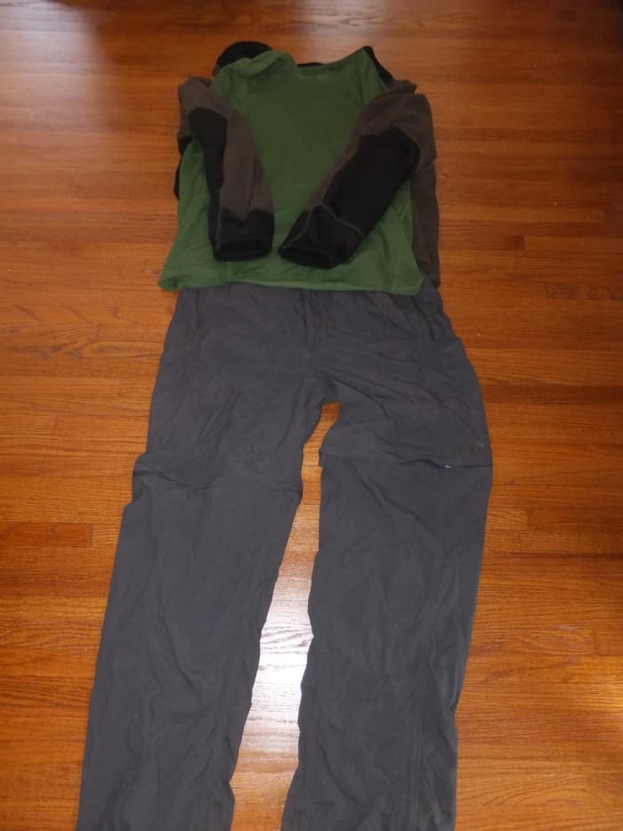 Part of a comfortable hiking clothing system: North Face convertible pants, a Mountain Hardware fleece and t-shirt.
