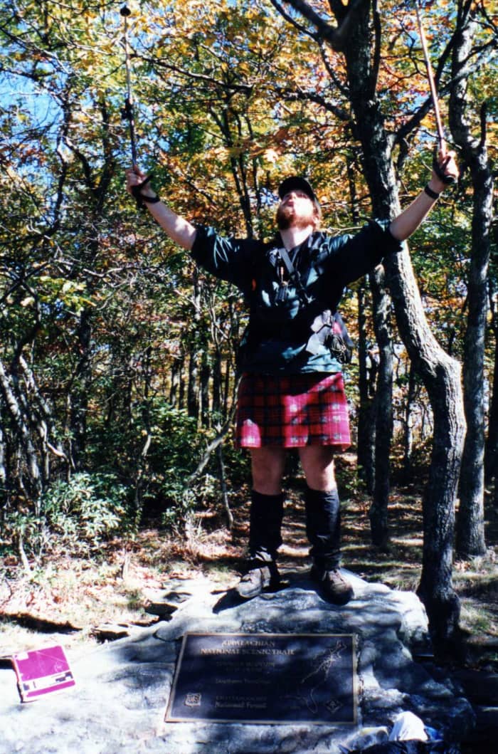 My triumphant finish on Springer Mountain in Georgia, the Southern Terminus of the Appalachian Trail. Yes, I am wearing a kilt.
