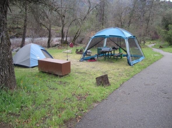 Dirt Flat Campground outside of Yosemite National Park on the Merced River. It's near the west entrance to the park.