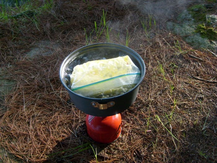 Though I usually use a fuel-efficient white gas stove, here is the same recipe using an MSR Pocket Rocket canister stove.