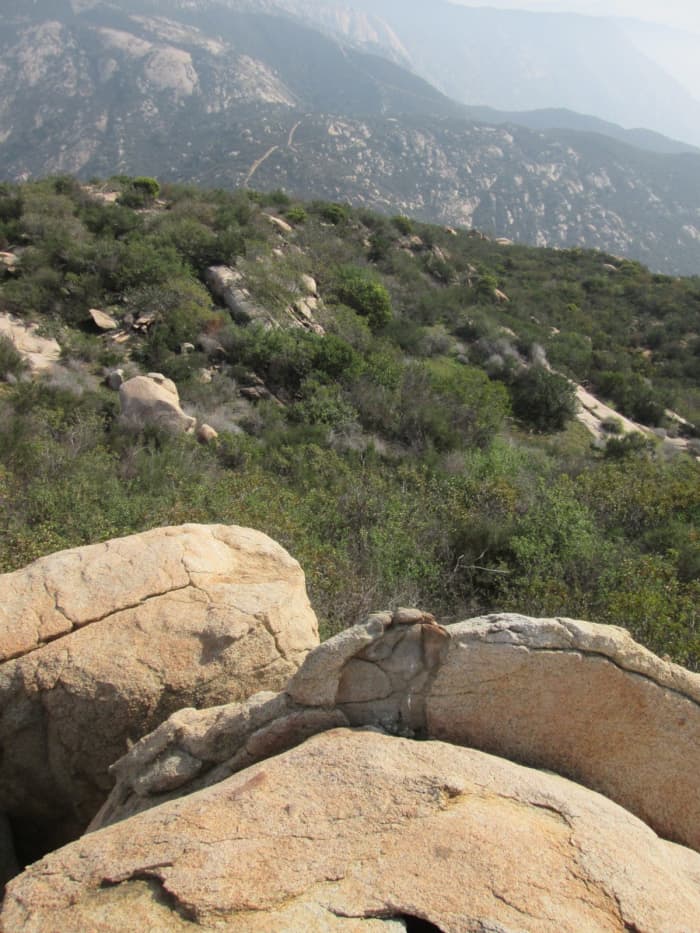 Looking toward El Cajon Mountain from Silverdome. The trail is visible as a thin thread in top of photo.